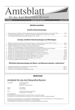 Amtsblatt Für Das Amt Biesenthal-Barnim Herausgeber: Amt Biesenthal-Barnim Der Amtsdirektor Berliner Str