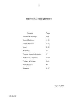 2 9215FQ14 FREQUENTLY ASKED QUESTIONS Category Pages Facilities & Buildings 3-10 General Reference 11-20 Human Resources