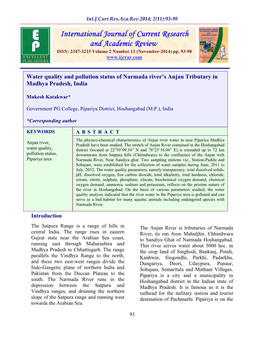 Water Quality and Pollution Status of Narmada River S Anjan Tributary in Madhya Pradesh, India