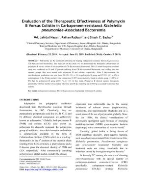 Evaluation of the Therapeutic Effectiveness of Polymyxin B Versus Colistin in Carbapenem-Resistanct Klebsiella Pneumoniae-Associated Bacteremia
