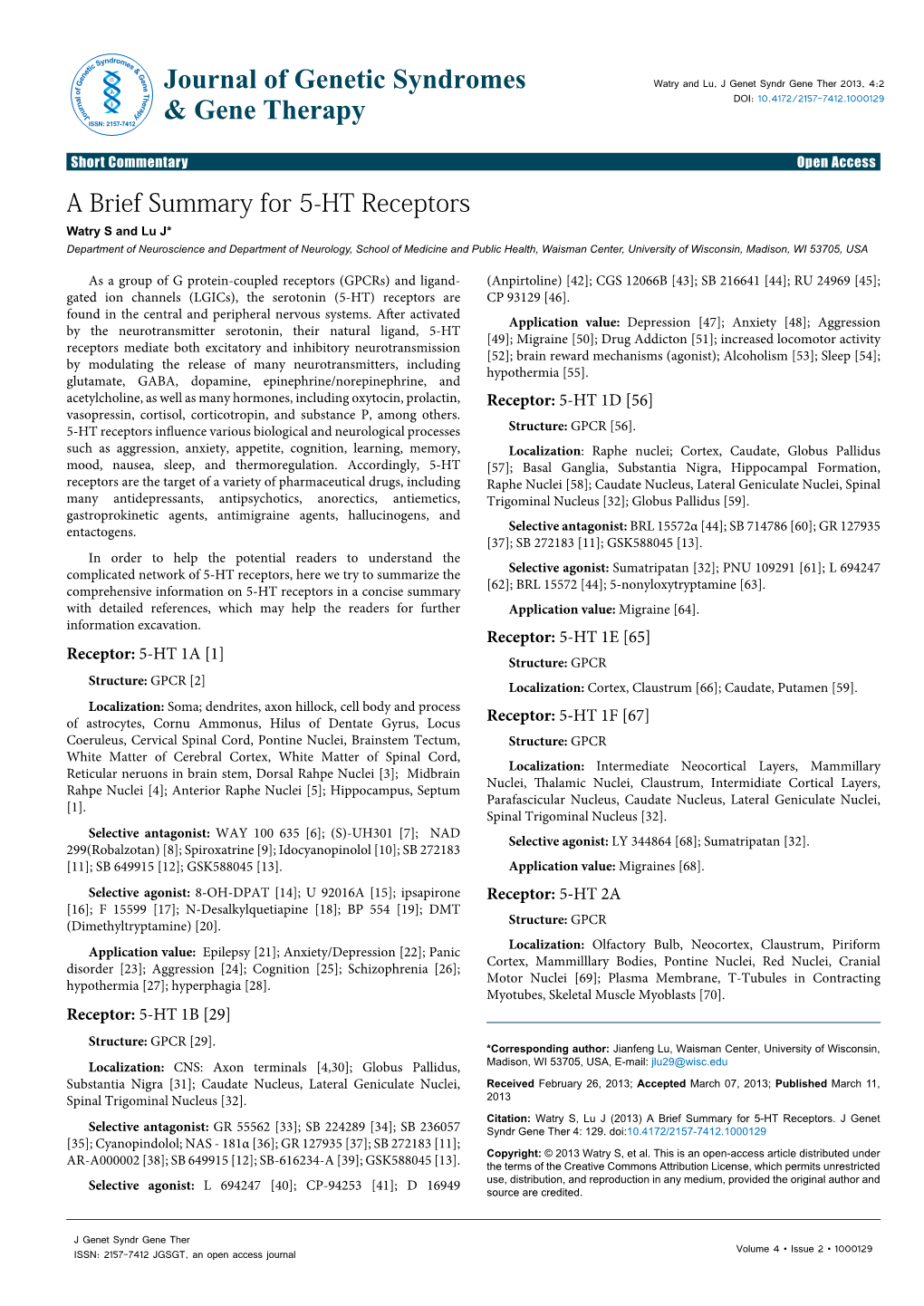 A Brief Summary for 5-HT Receptors