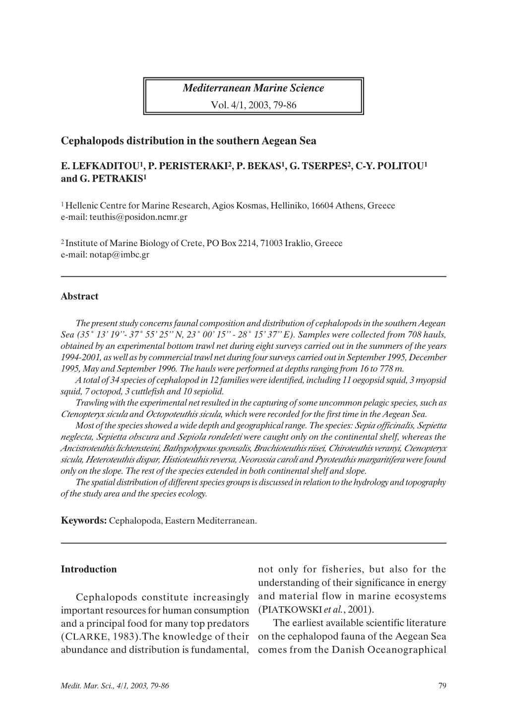 Cephalopods Distribution in the Southern Aegean Sea