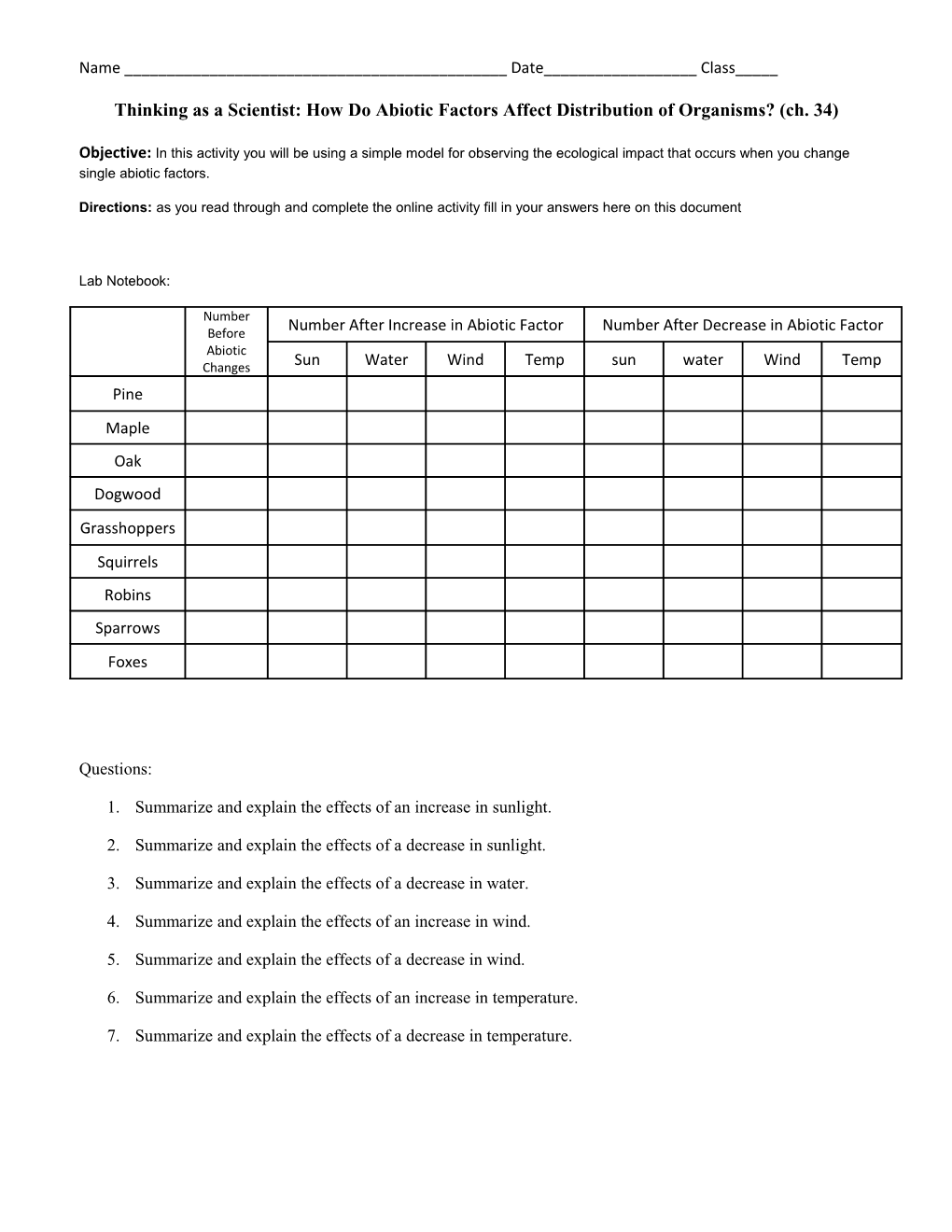 Thinking As a Scientist: How Do Abiotic Factors Affect Distribution of Organisms? (Ch. 34)