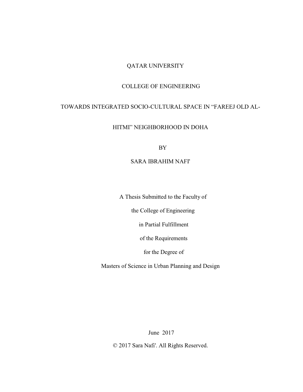 Towards Integrated Socio-Cultural Space in “Fareej Old Al-Hitmi” Neighborhood in Doha