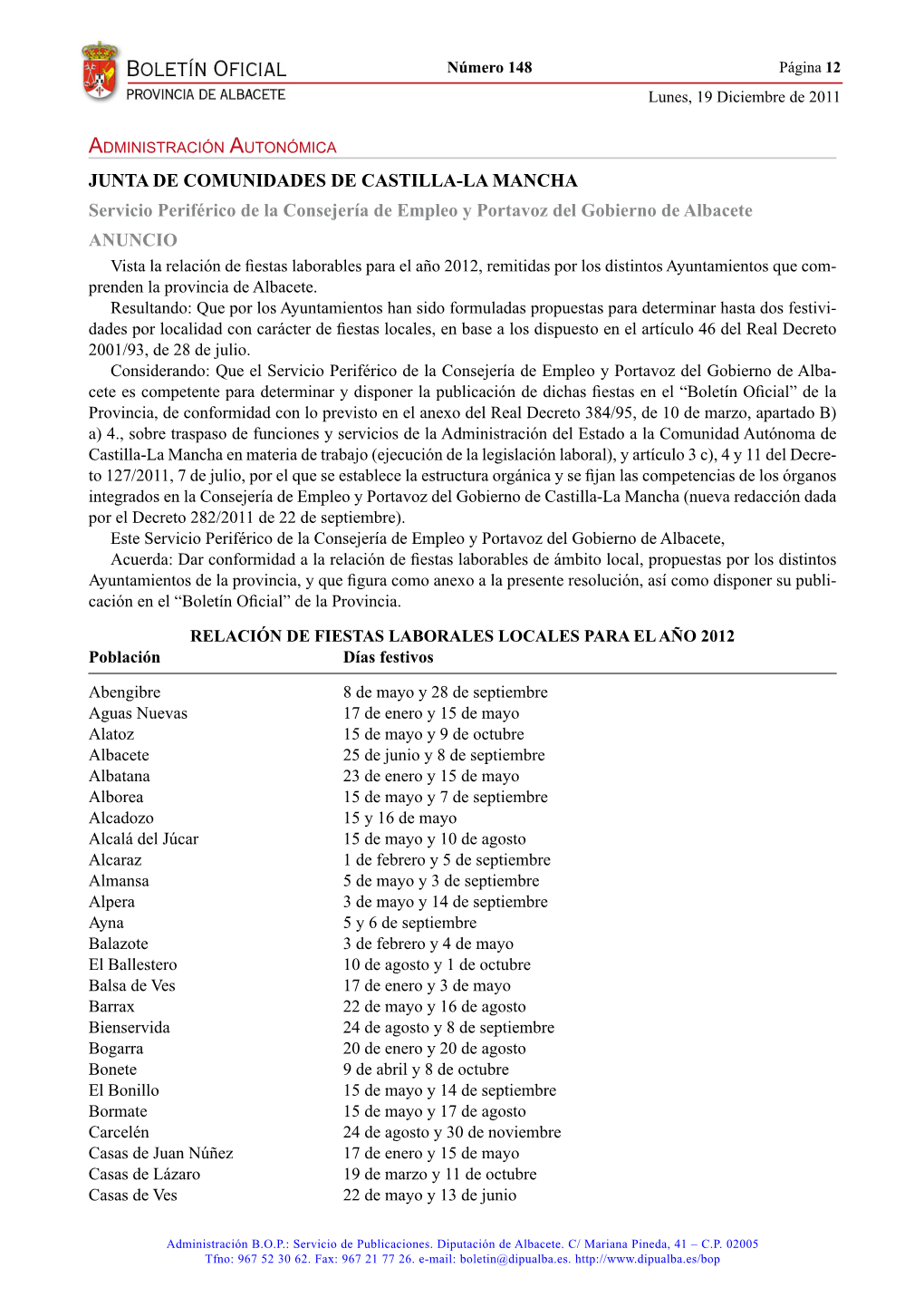 Boletín Oficial De La Provincia De Albacete