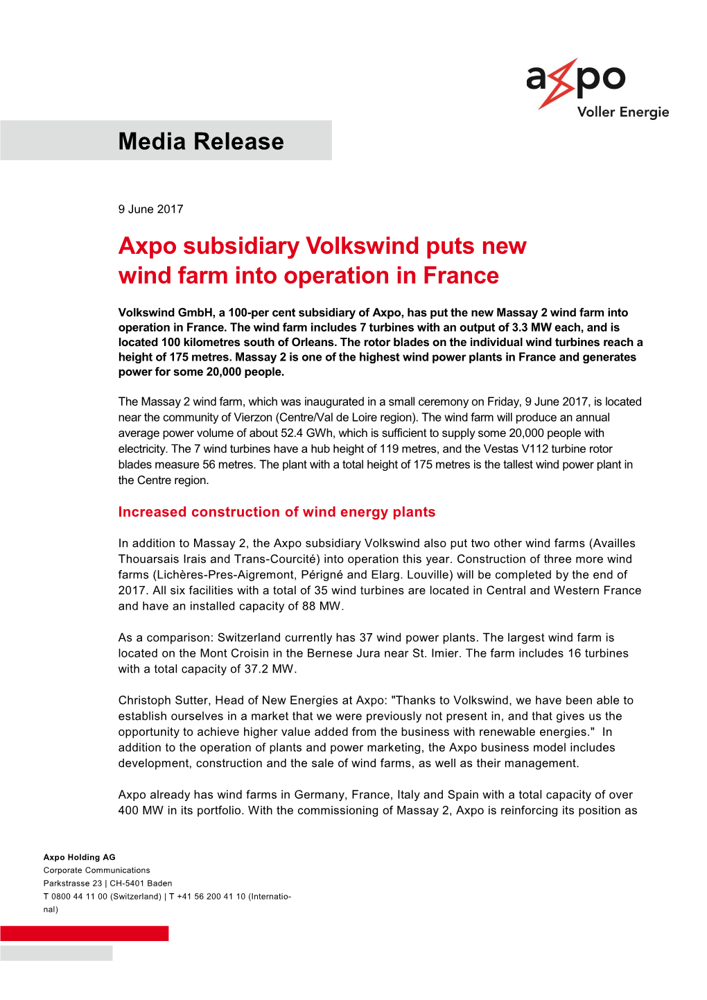 Media Release Axpo Subsidiary Volkswind Puts New Wind Farm Into