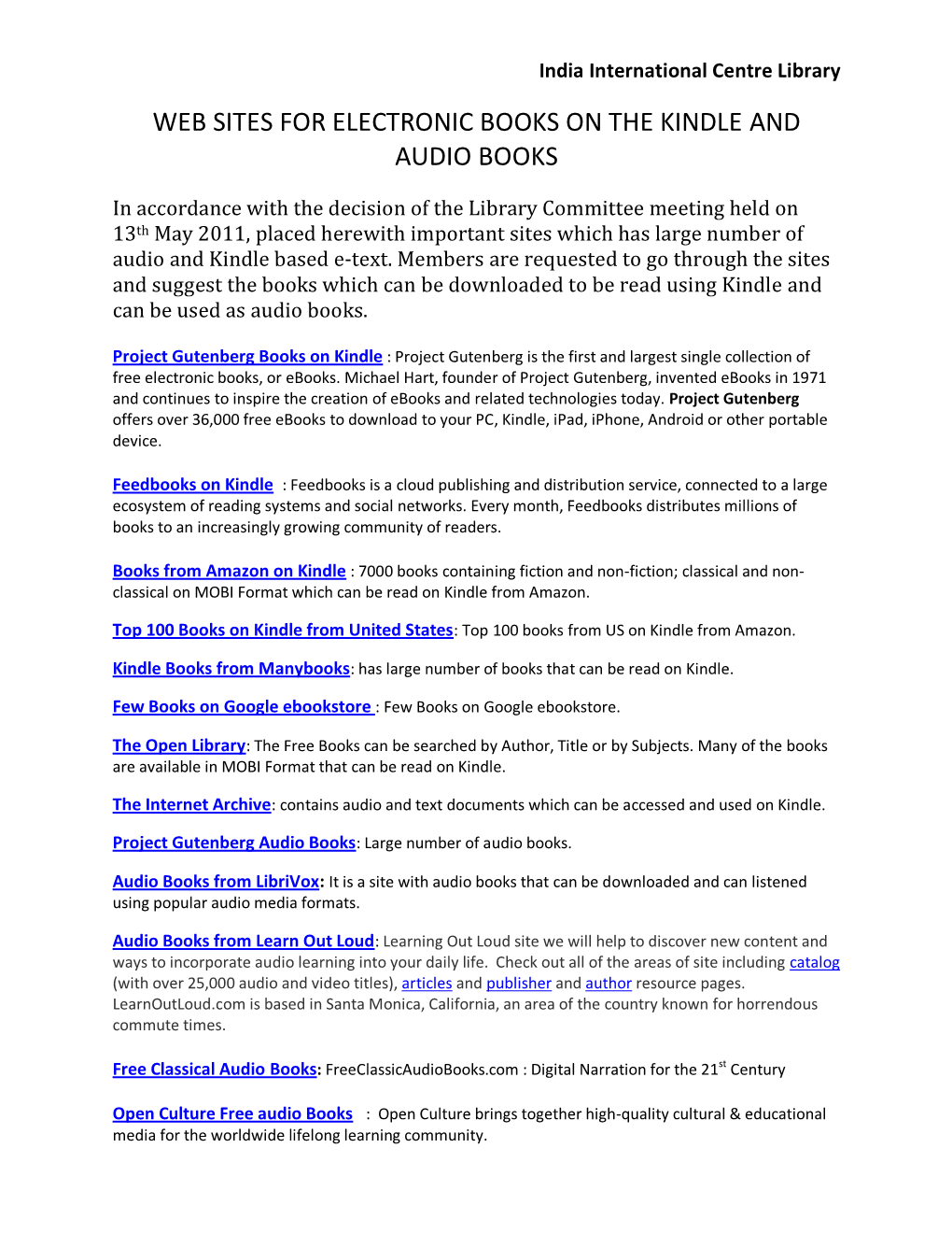 Web Sites for Electronic Books on the Kindle and Audio Books