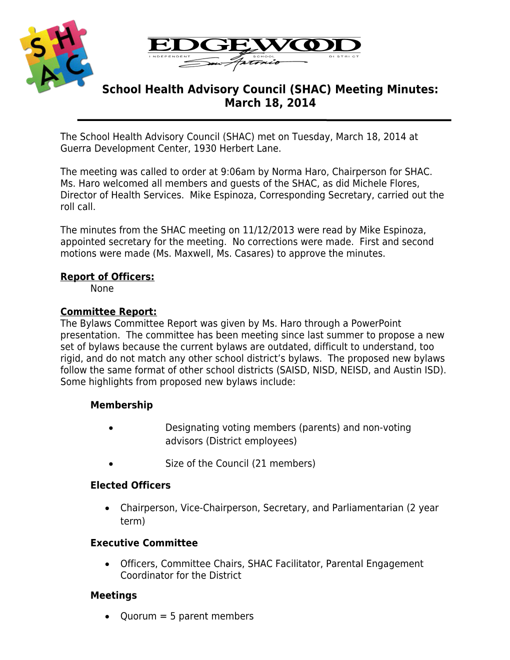 School Health Advisory Council (SHAC) Meeting Minutes: March 18, 2014