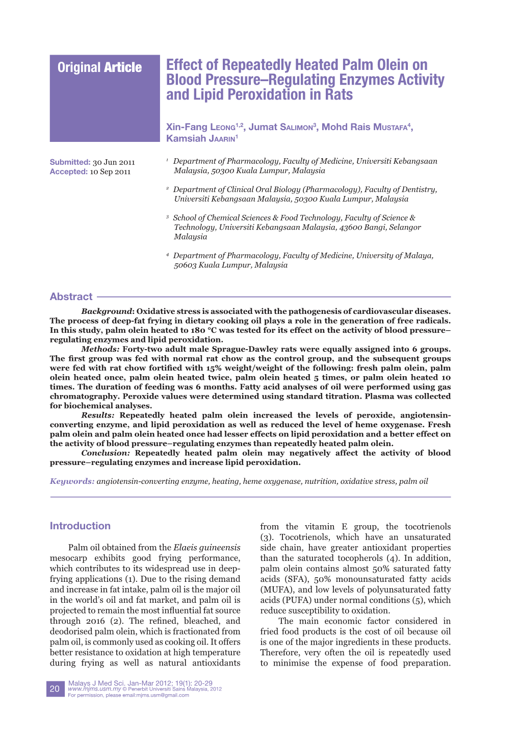 Effect of Repeatedly Heated Palm Olein on Blood Pressure–Regulating Enzymes Activity and Lipid Peroxidation in Rats