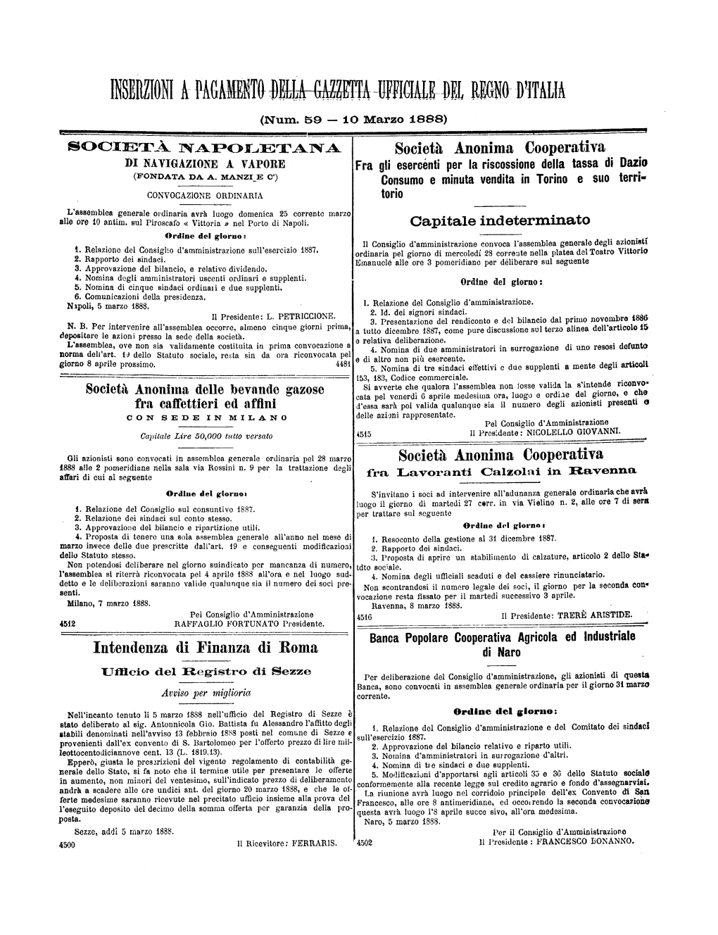 Gazzetta Ufficiale Del Regno D'italia N. 059 Del 10 Marzo 1888 Foglio Delle Inserzioni