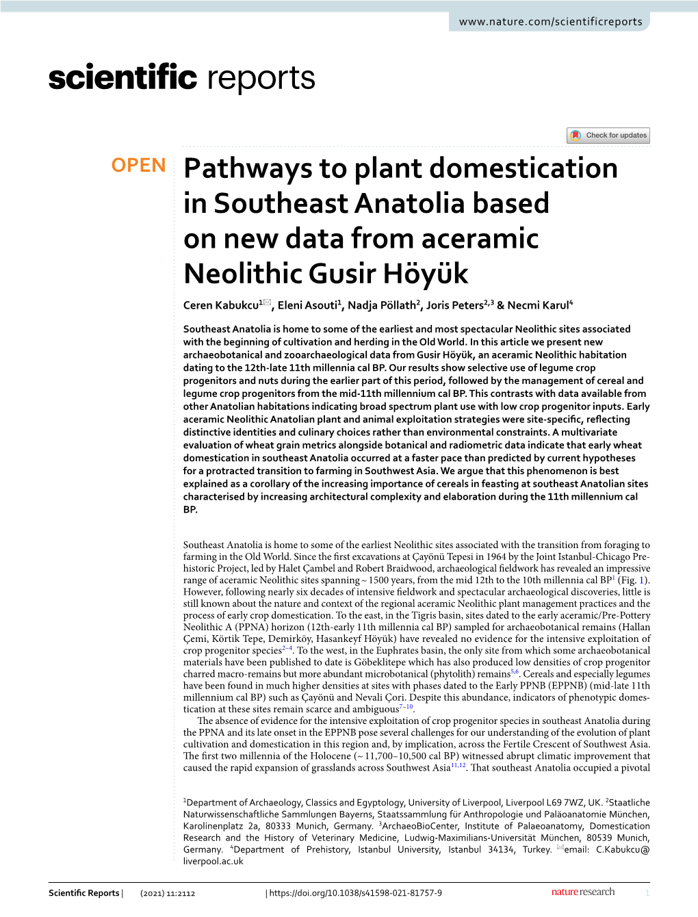 Pathways to Plant Domestication in Southeast Anatolia Based on New