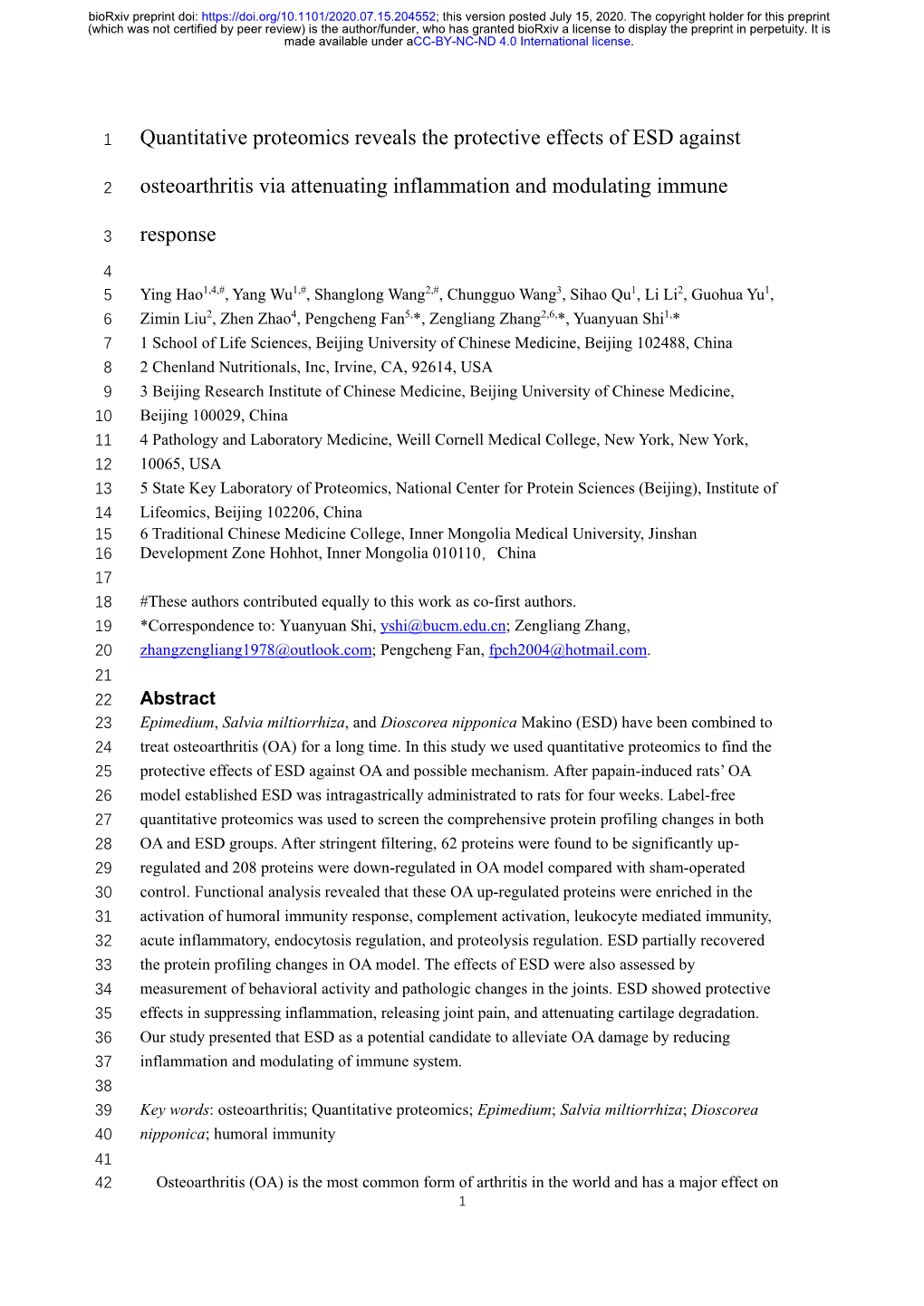 Quantitative Proteomics Reveals the Protective Effects of ESD Against