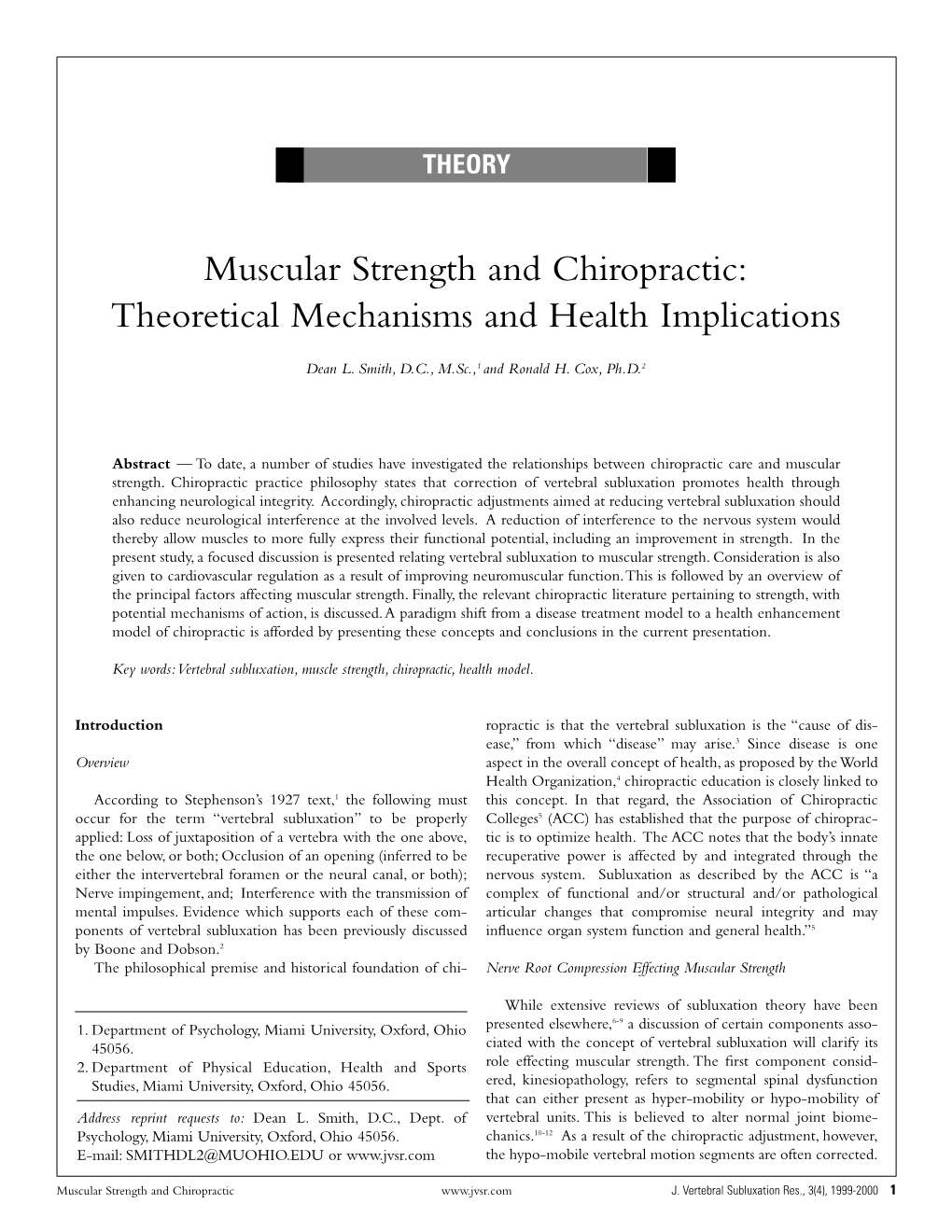 Muscular Strength and Chiropractic: Theoretical Mechanisms and Health Implications