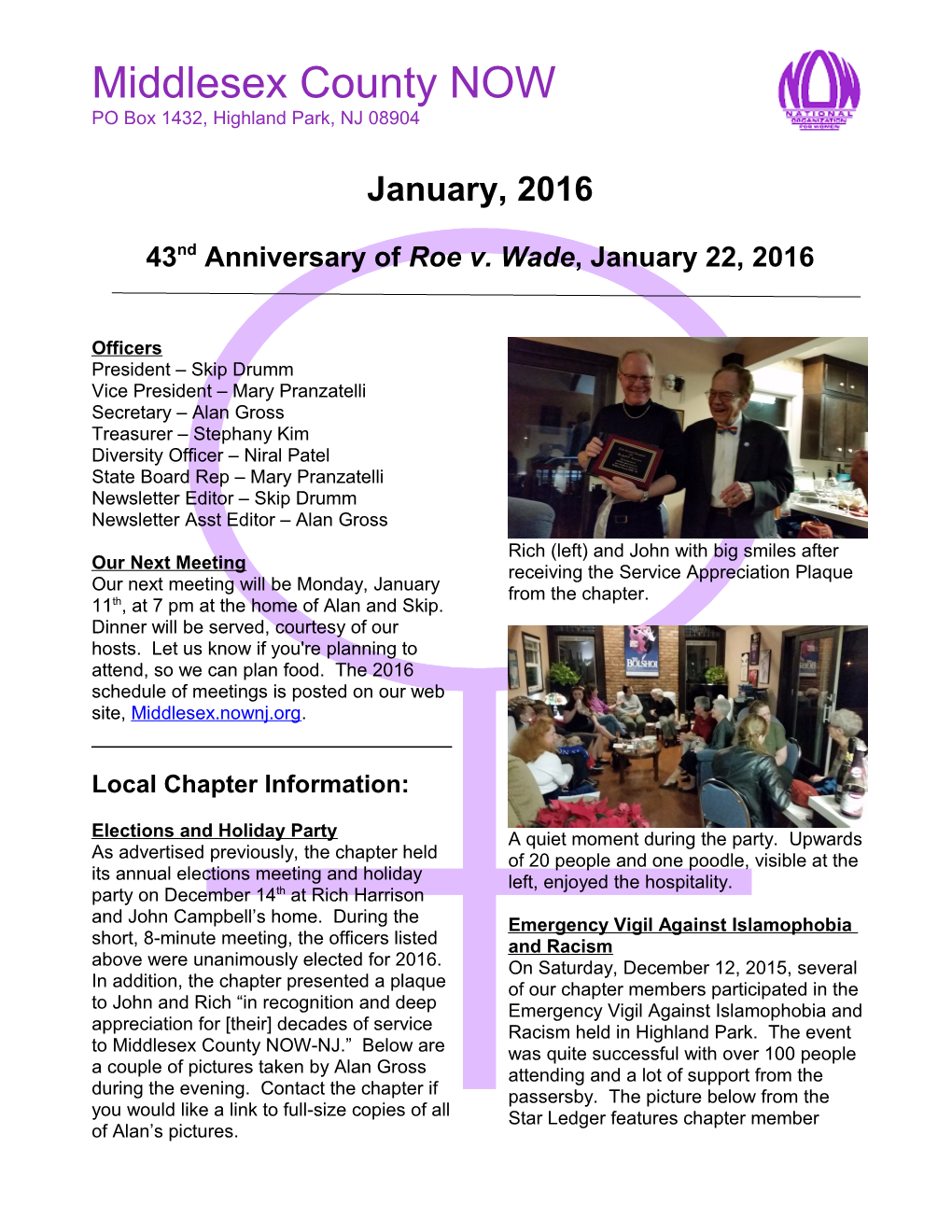 Middlesex County NOW Newsletter, January 2016