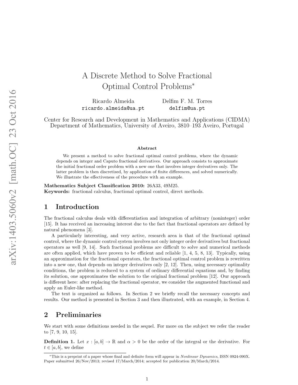 A Discrete Method to Solve Fractional Optimal Control Problems