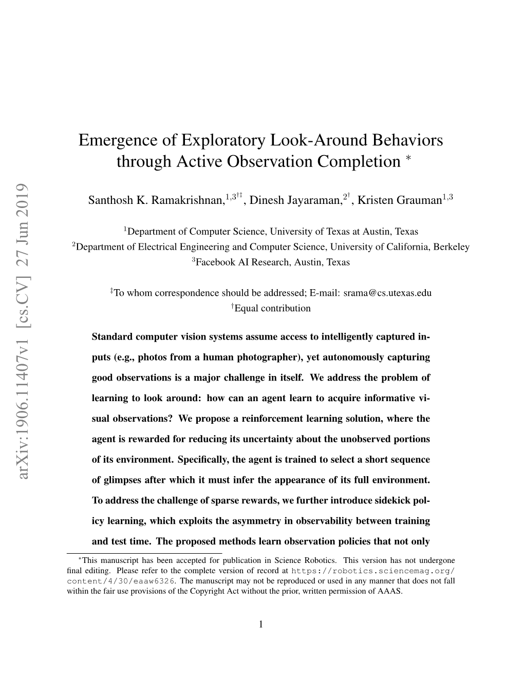 Emergence of Exploratory Look-Around Behaviors Through Active Observation Completion Arxiv:1906.11407V1 [Cs.CV] 27 Jun 2019