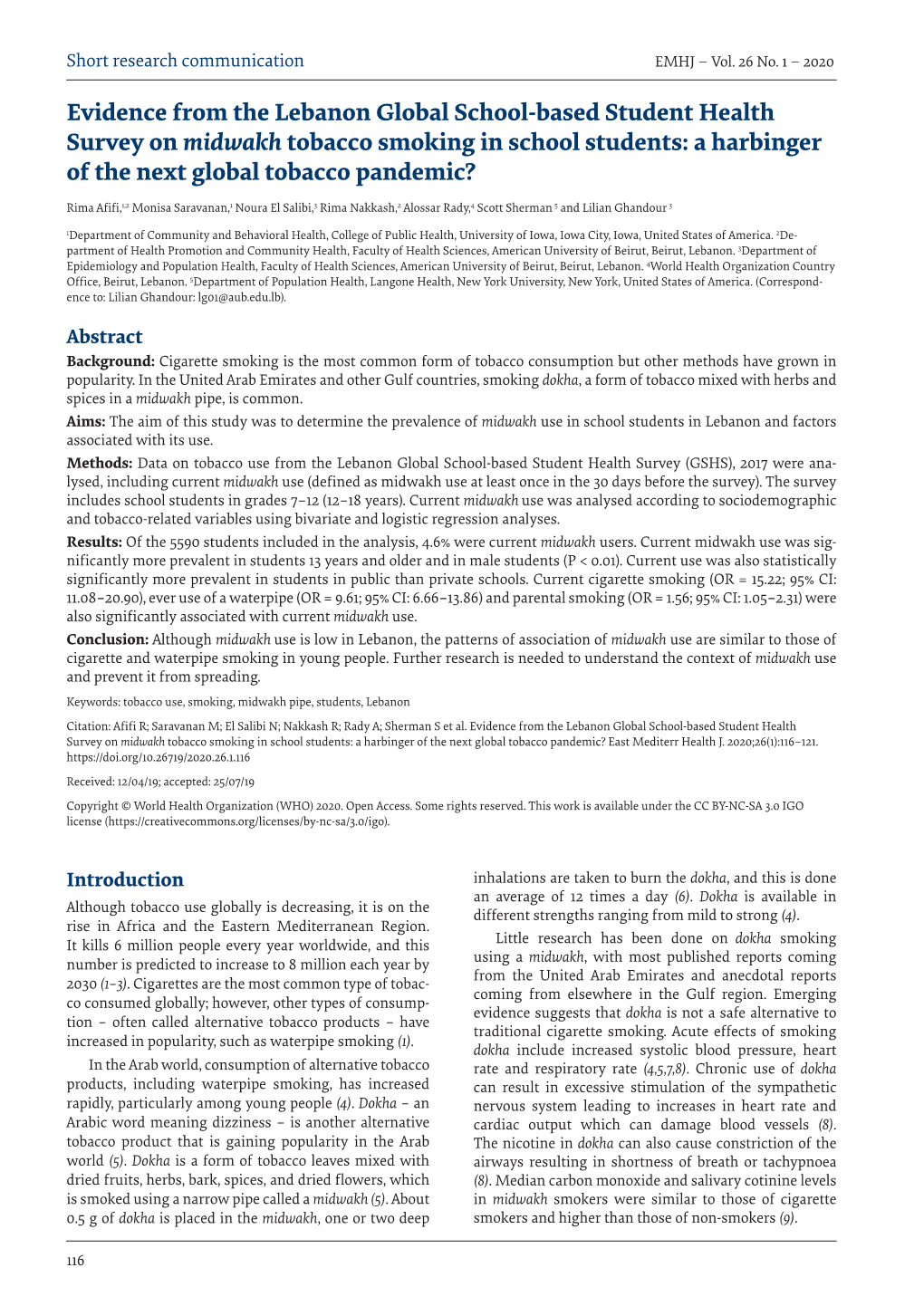 Evidence from the Lebanon Global School-Based Student Health Survey on Midwakh Tobacco Smoking in School Students: a Harbinger of the Next Global Tobacco Pandemic?