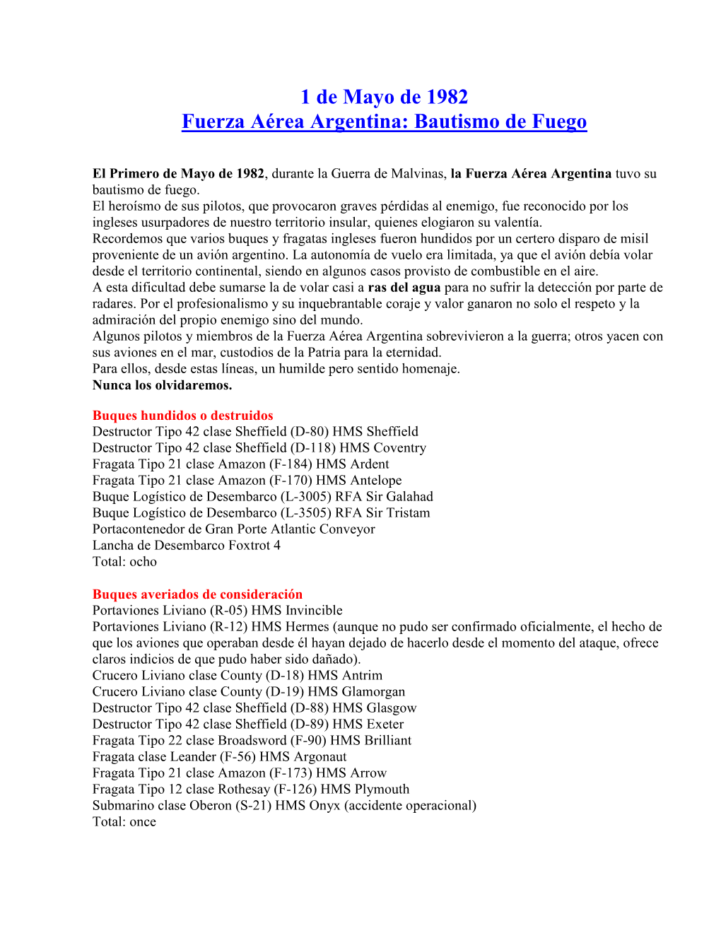 1 De Mayo De 1982 Fuerza Aérea Argentina: Bautismo De Fuego