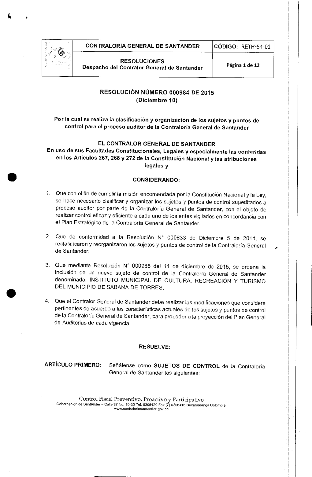 RETH-54-01 RESOLUCIONES Despacho Del Contralor General De