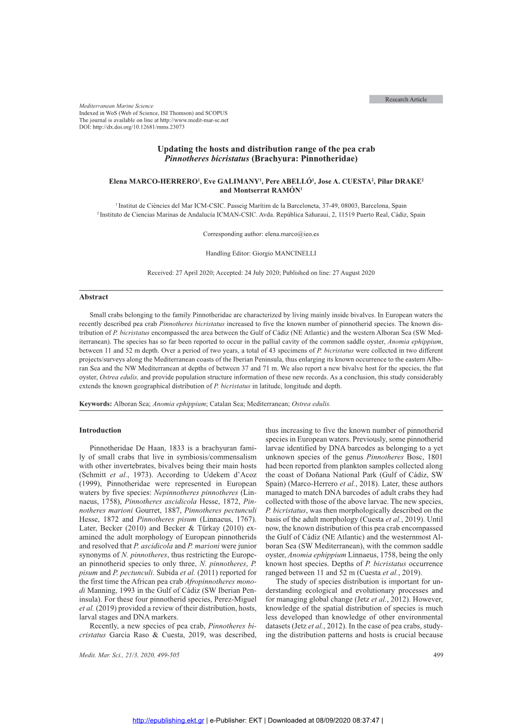 Updating the Hosts and Distribution Range of the Pea Crab Pinnotheres Bicristatus (Brachyura: Pinnotheridae)