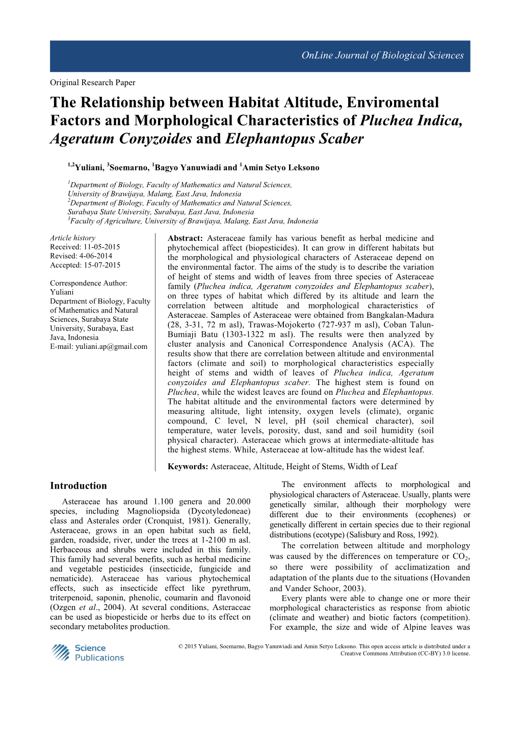 The Relationship Between Habitat Altitude, Enviromental Factors and Morphological Characteristics of Pluchea Indica, Ageratum Conyzoides and Elephantopus Scaber