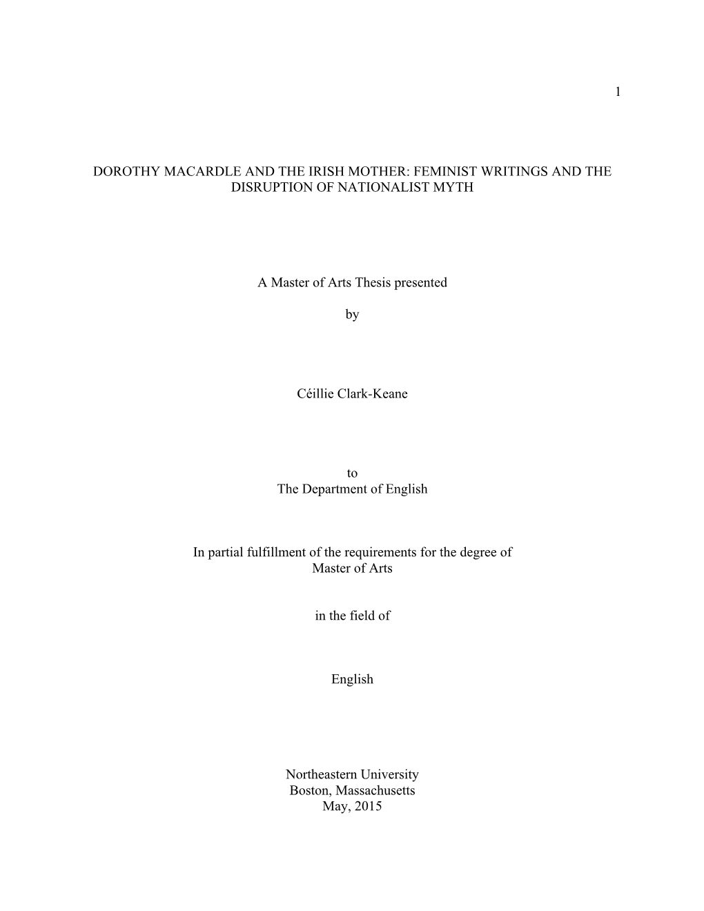 Dorothy Macardle and the Irish Mother: Feminist Writings and the Disruption of Nationalist Myth