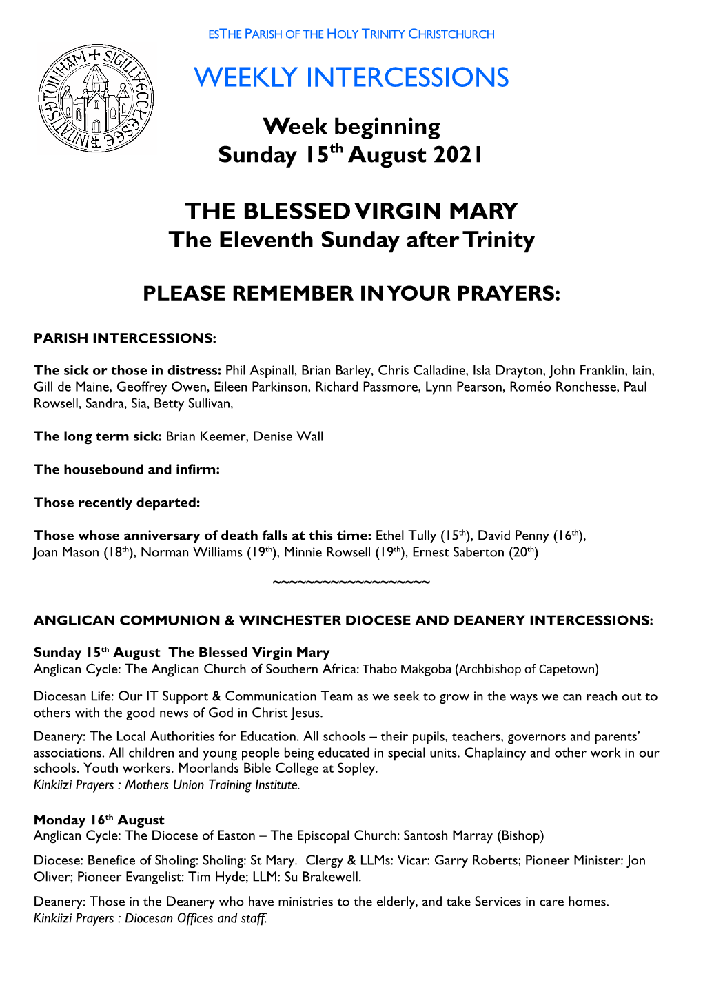 Weekly Intercessions