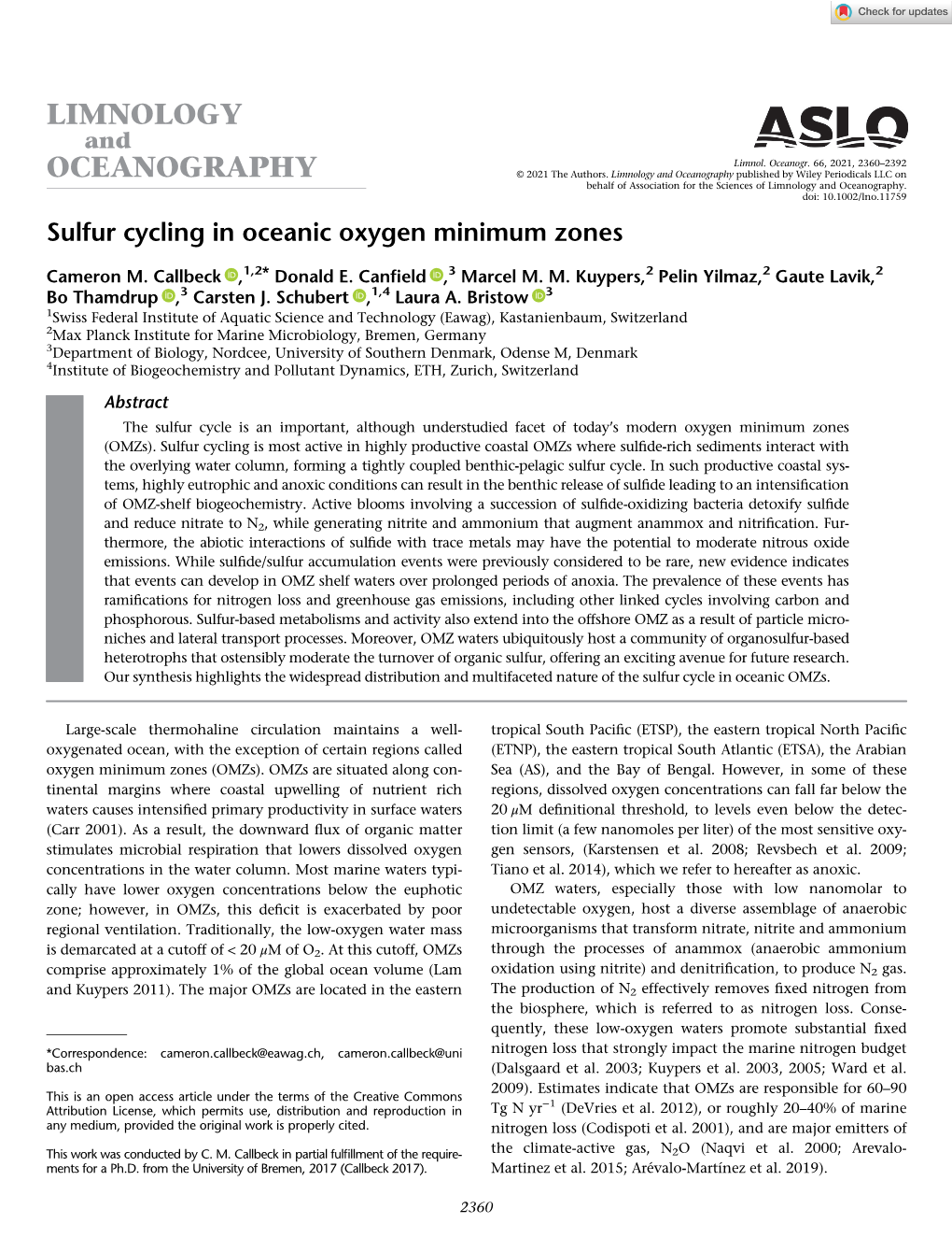 Sulfur Cycling in Oceanic Oxygen Minimum Zones