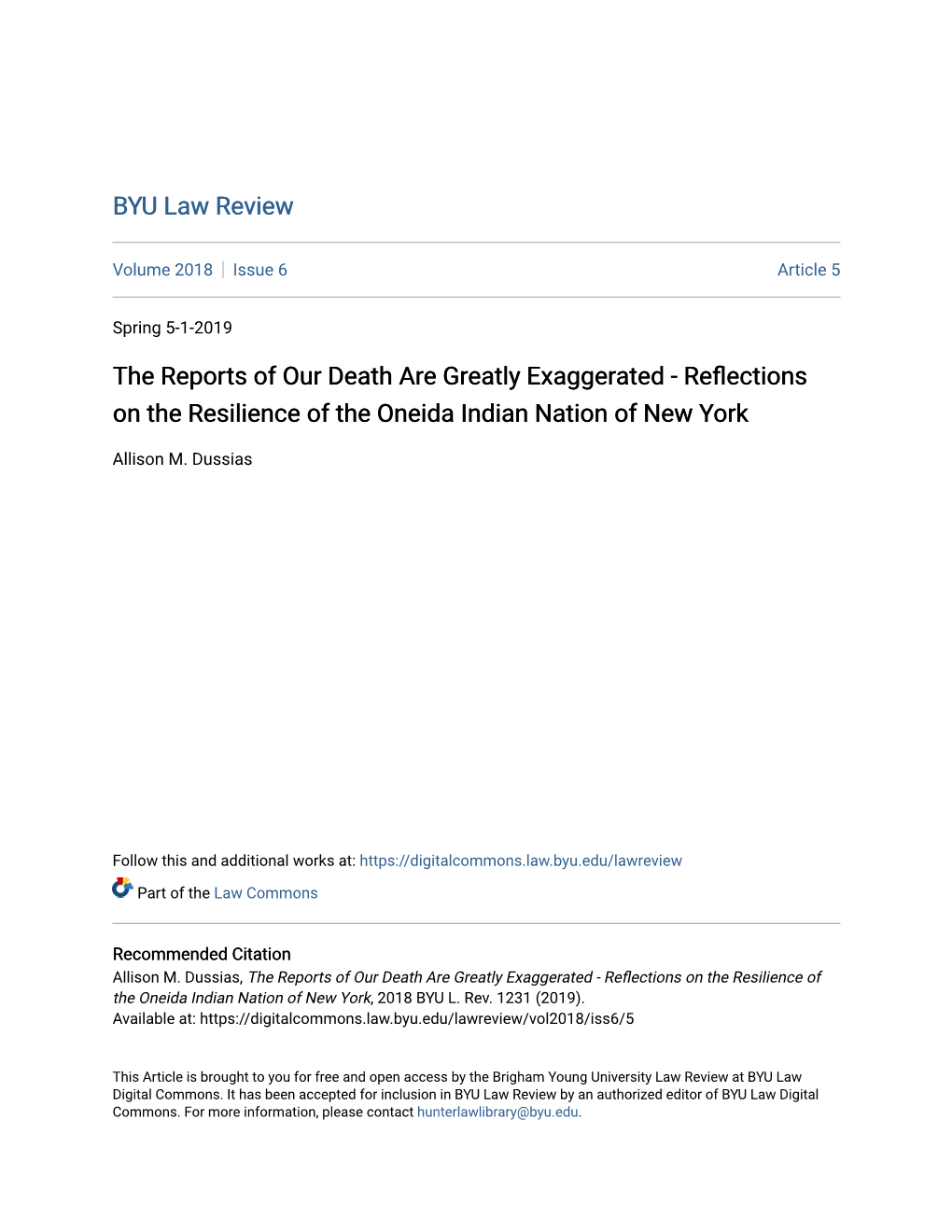 The Reports of Our Death Are Greatly Exaggerated - Reflections on the Resilience of the Oneida Indian Nation of New York