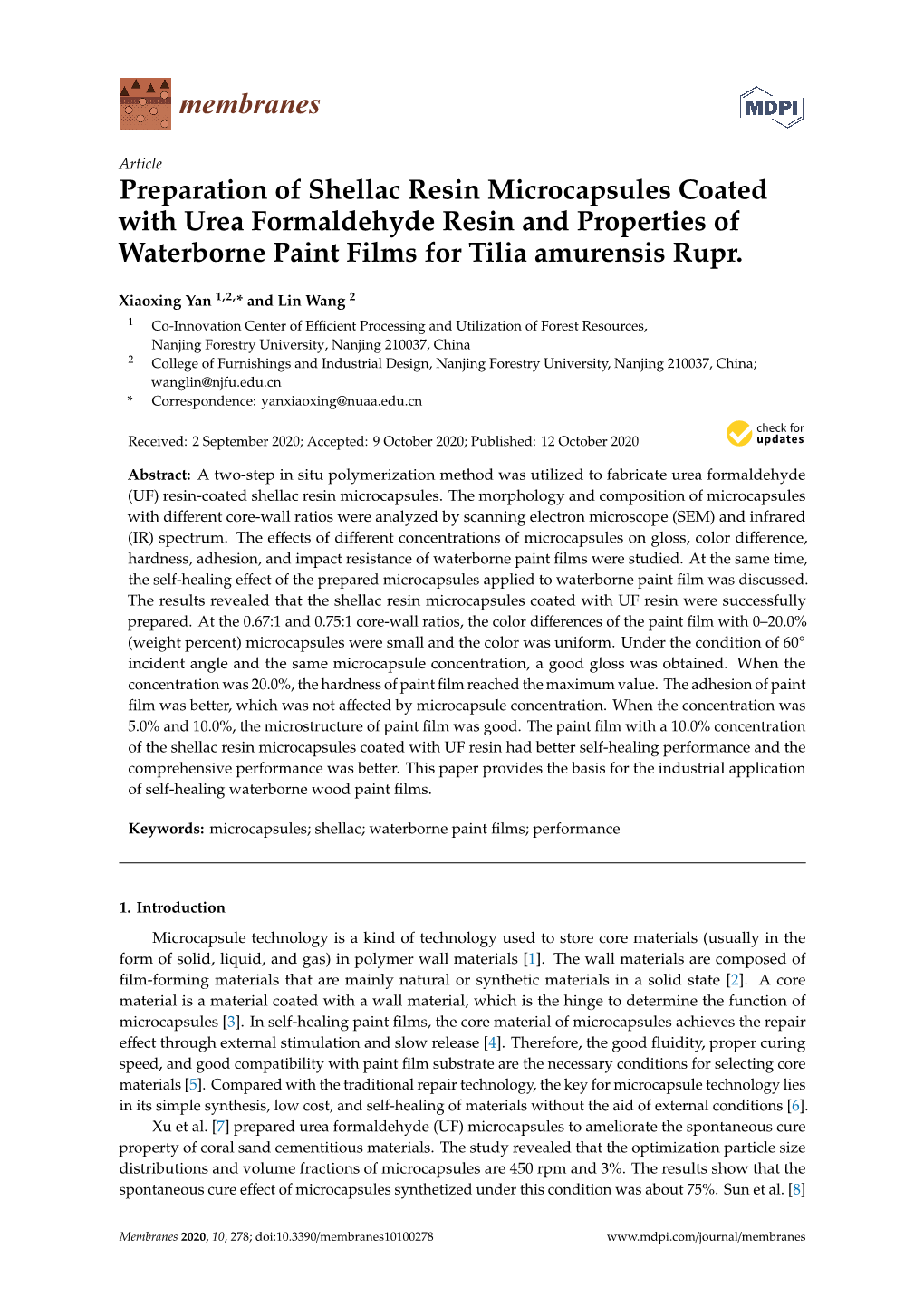 Preparation of Shellac Resin Microcapsules Coated with Urea Formaldehyde Resin and Properties of Waterborne Paint Films for Tilia Amurensis Rupr