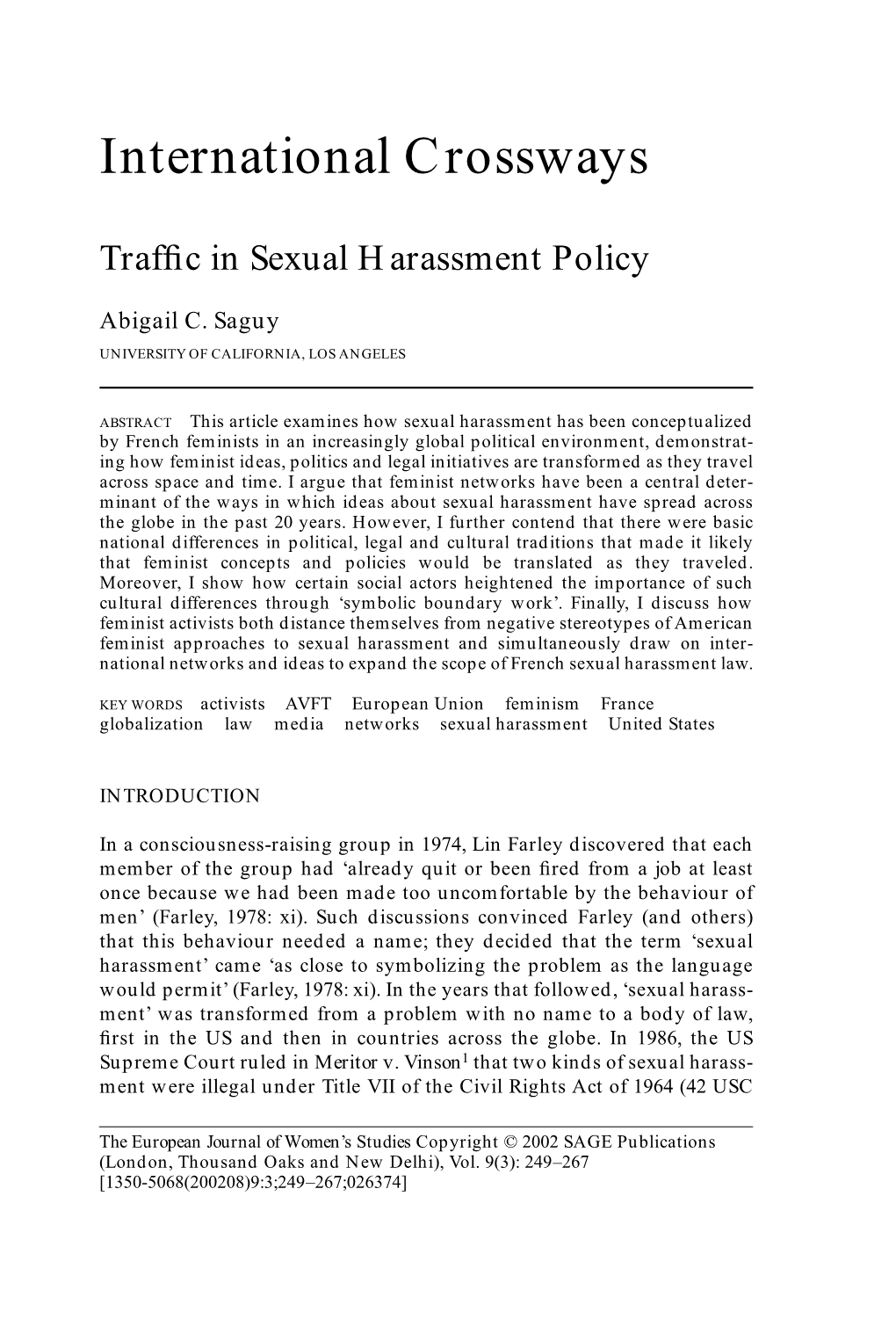 International Crossways: Traffic in Sexual Harassment Policy