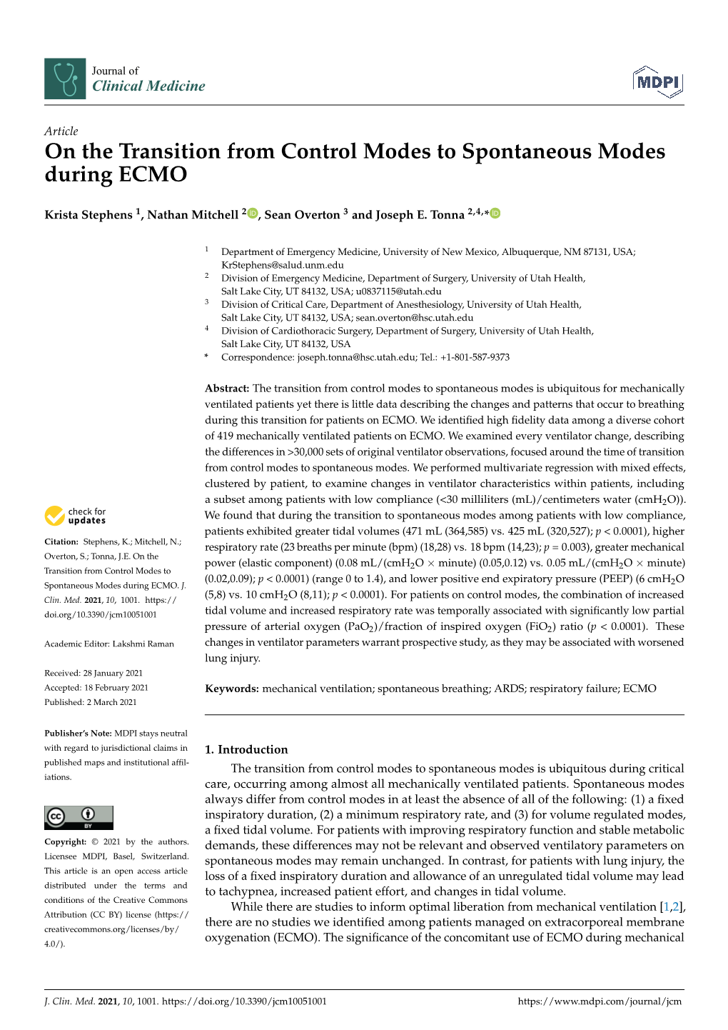 On the Transition from Control Modes to Spontaneous Modes During ECMO