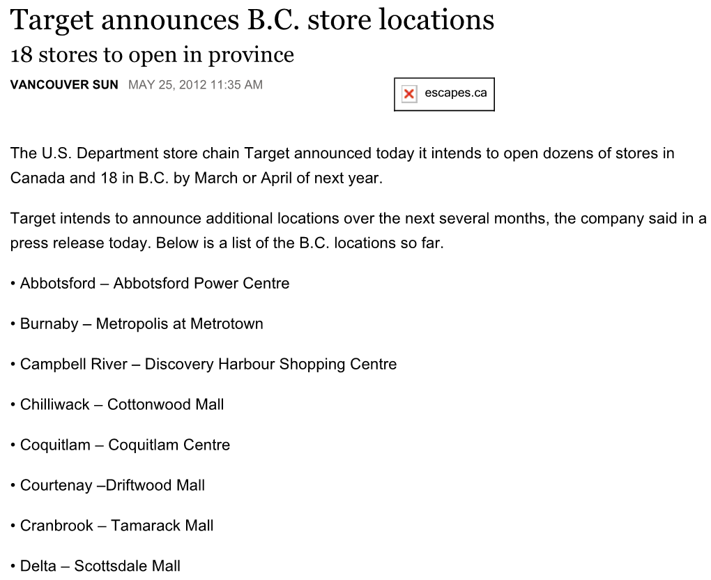 Target Announces B.C. Store Locations Page 1 of 1