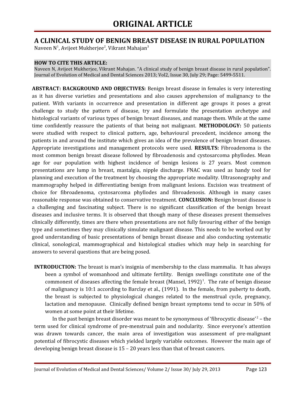 A Clinical Study of Benign Breast Disease in Rural Population