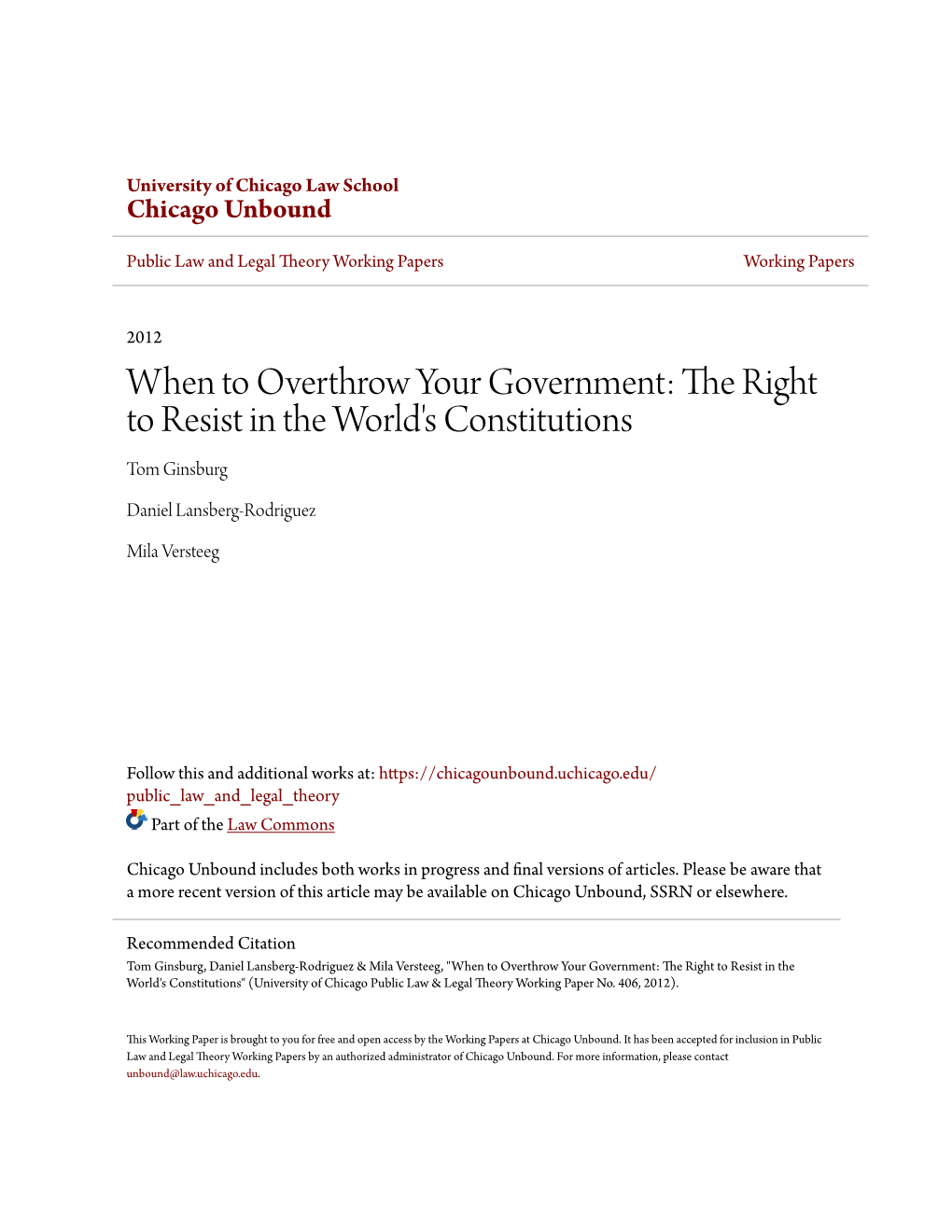 The Right to Resist in the World's Constitutions Tom Ginsburg