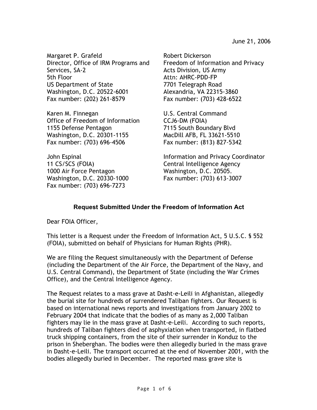 FOIA Request, Afghan Mass Grave, June 2006