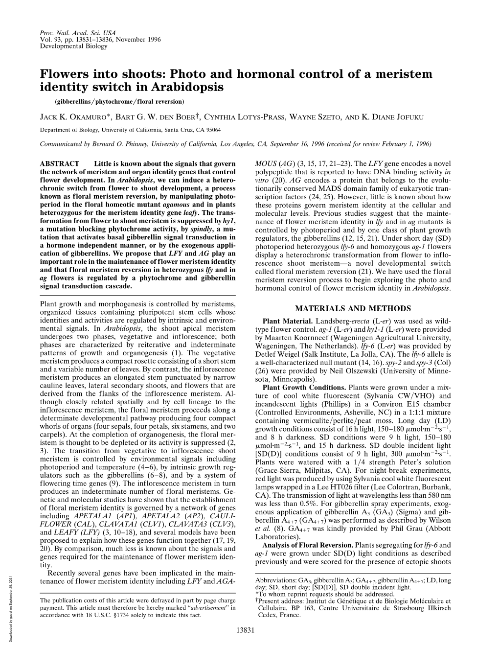 Flowers Into Shoots: Photo and Hormonal Control of a Meristem Identity Switch in Arabidopsis (Gibberellins͞phytochrome͞floral Reversion)