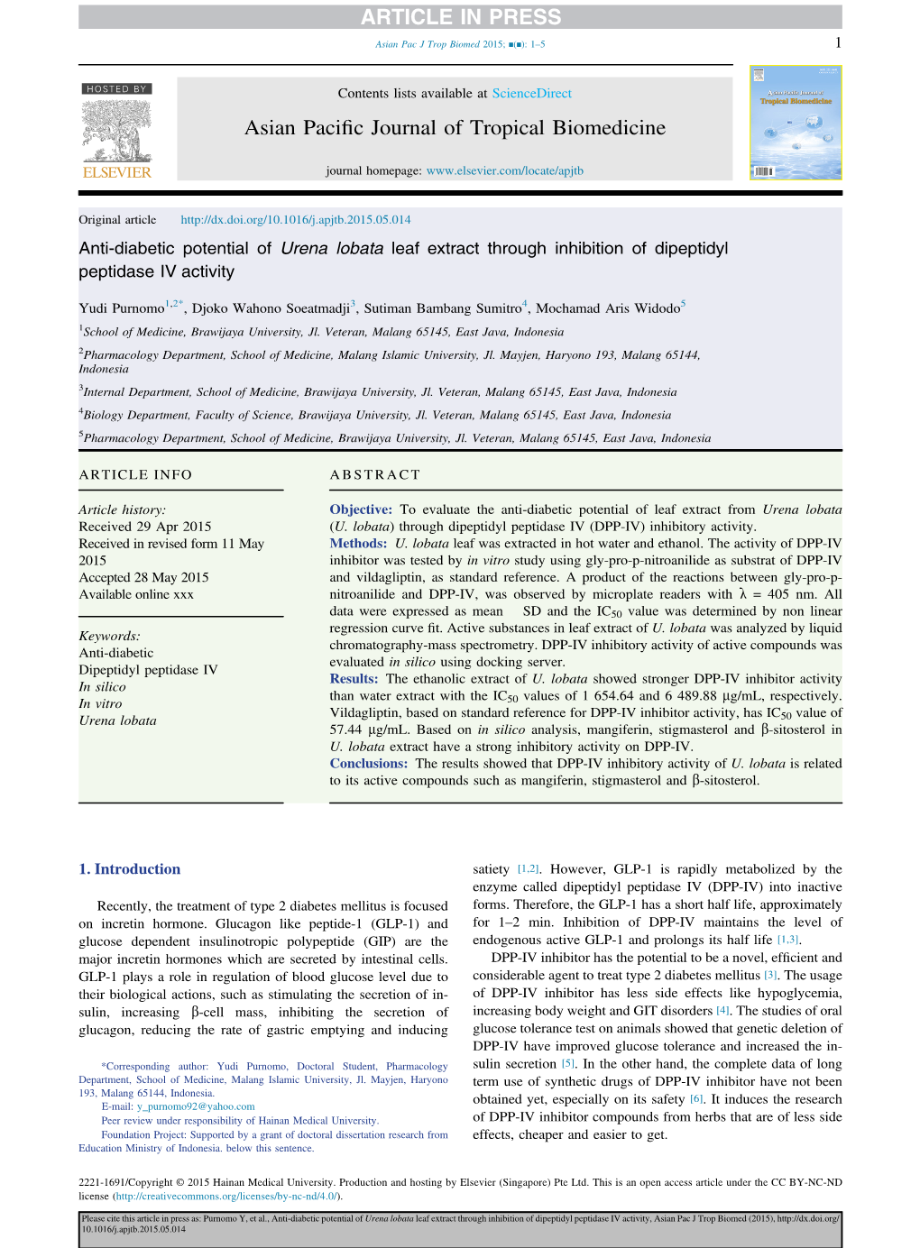 Anti-Diabetic Potential of Urena Lobata Leaf Extract Through Inhibition of Dipeptidyl Peptidase IV Activity