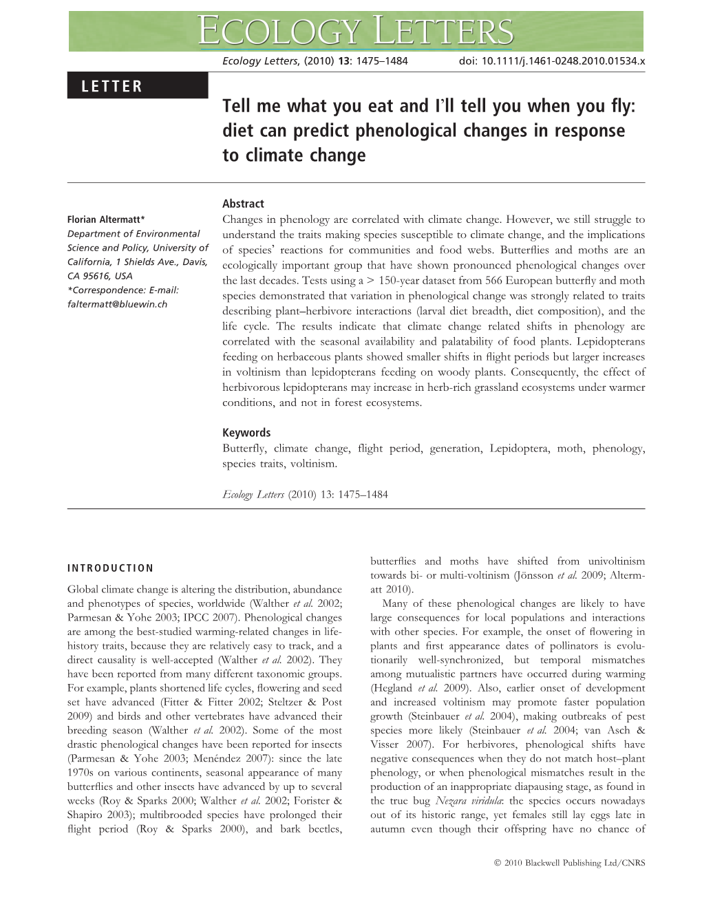 Diet Can Predict Phenological Changes in Response to Climate Change