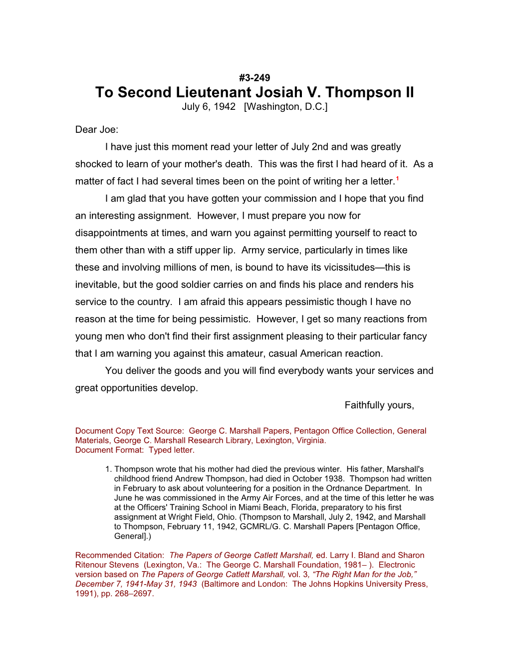 To Second Lieutenant Josiah V. Thompson II