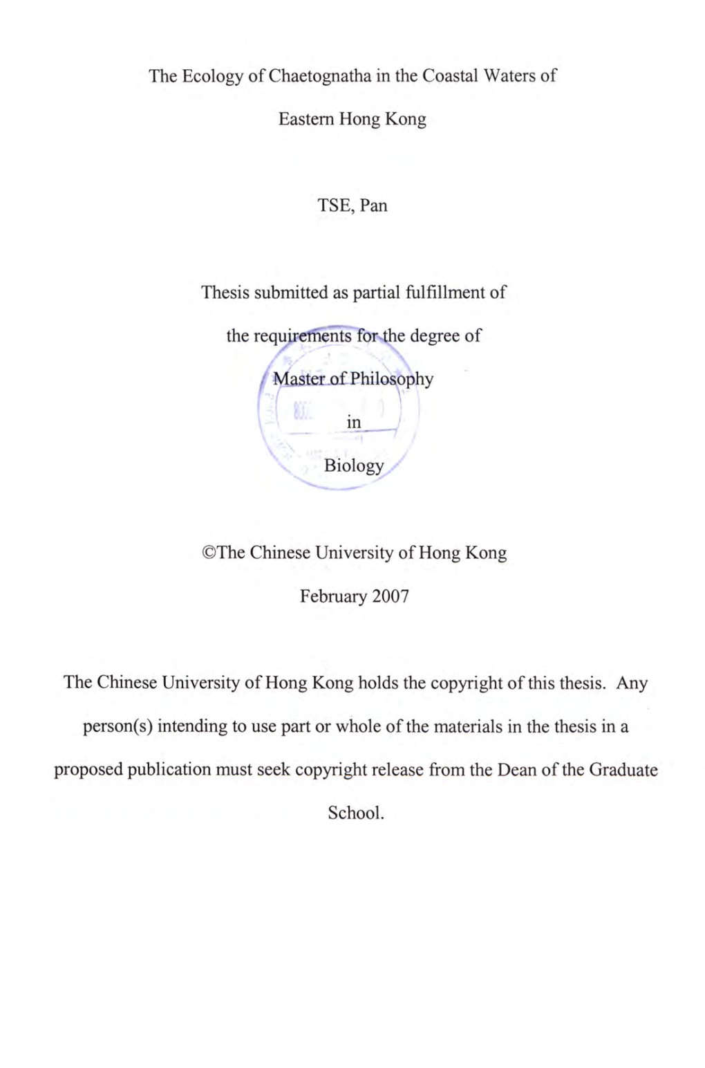 The Ecology of Chaetognatha in the Coastal Waters of Eastern Hong