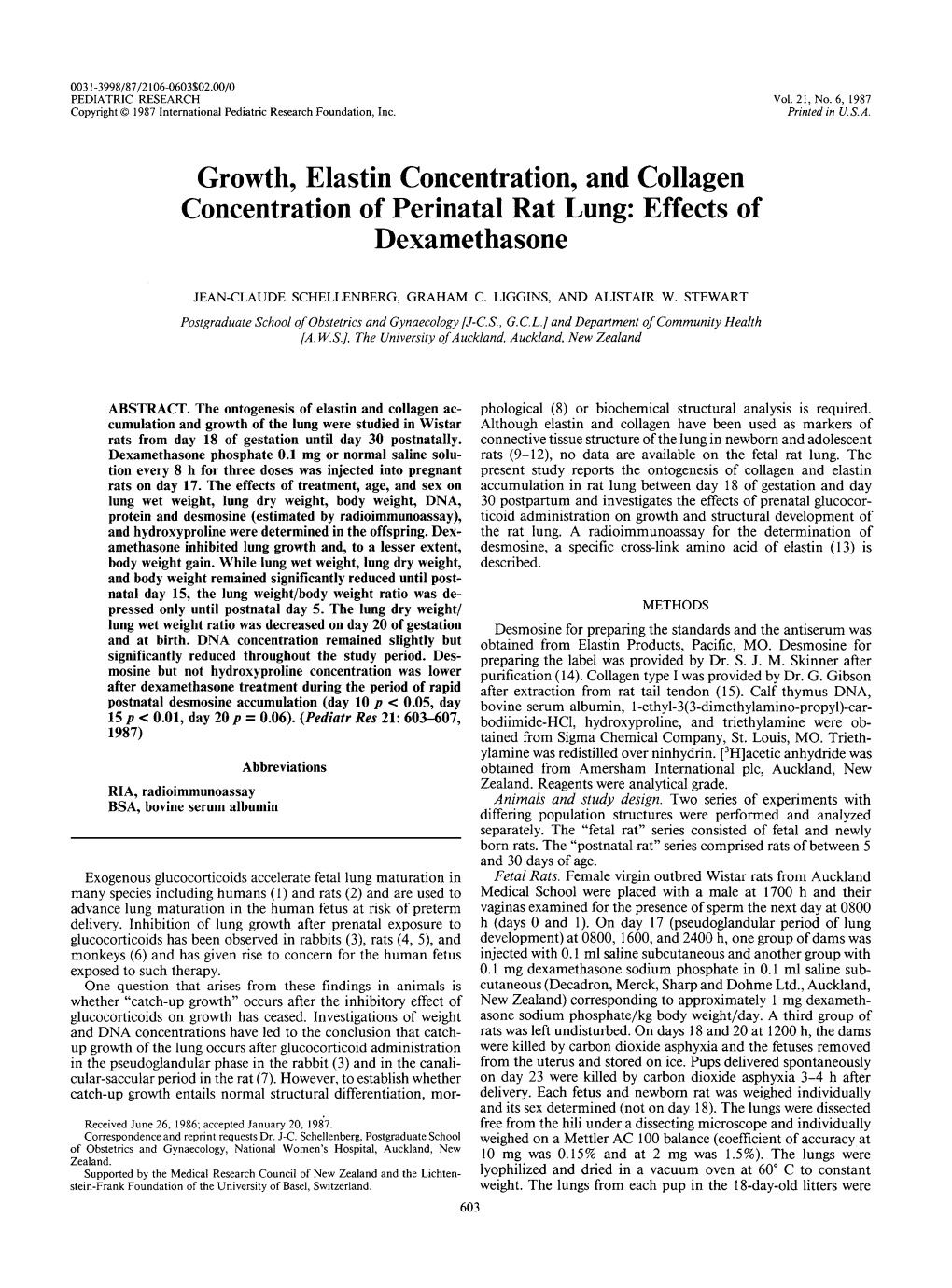 Growth, Elastin Concentration, and Collagen Concentration of Perinatal Rat Lung: Effects of Dexamethasone