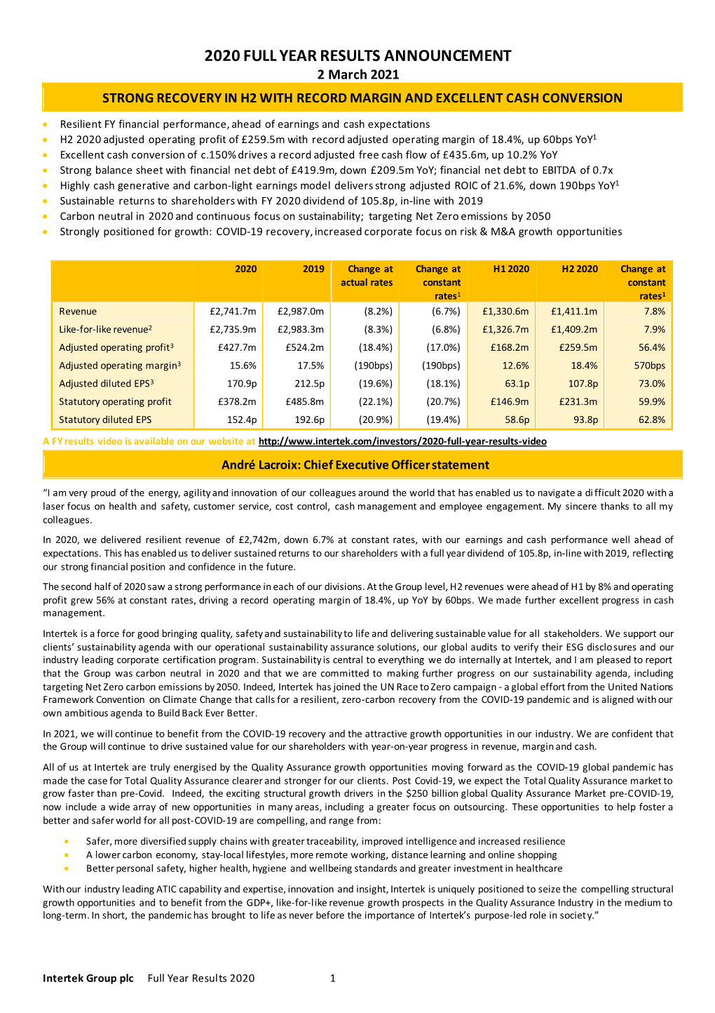 2020 FULL YEAR RESULTS ANNOUNCEMENT 2 March 2021 STRONG RECOVERY in H2 with RECORD MARGIN and EXCELLENT CASH CONVERSION