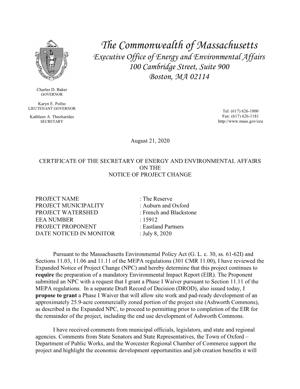 The Commonwealth of Massachusetts Executive Office of Energy and Environmental Affairs 100 Cambridge Street, Suite 900