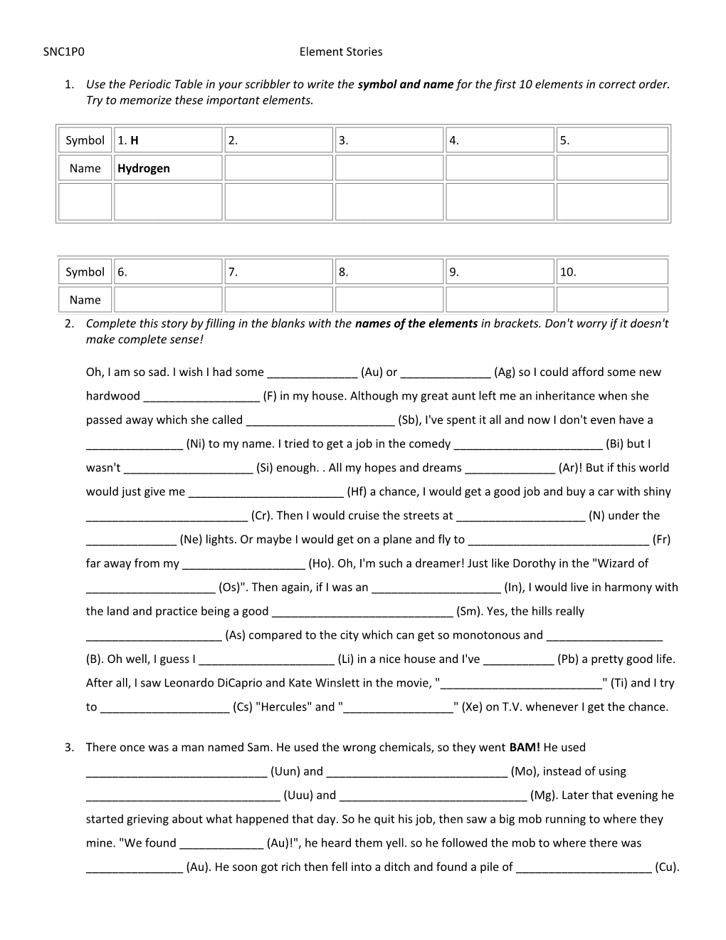 SNC1P0 Element Stories