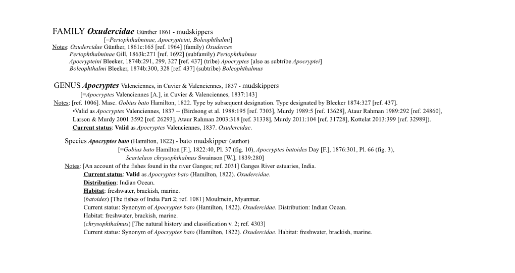 FAMILY Oxudercidae Günther 1861 - Mudskippers [=Periophthalminae, Apocrypteini, Boleophthalmi] Notes: Oxudercidae Günther, 1861C:165 [Ref