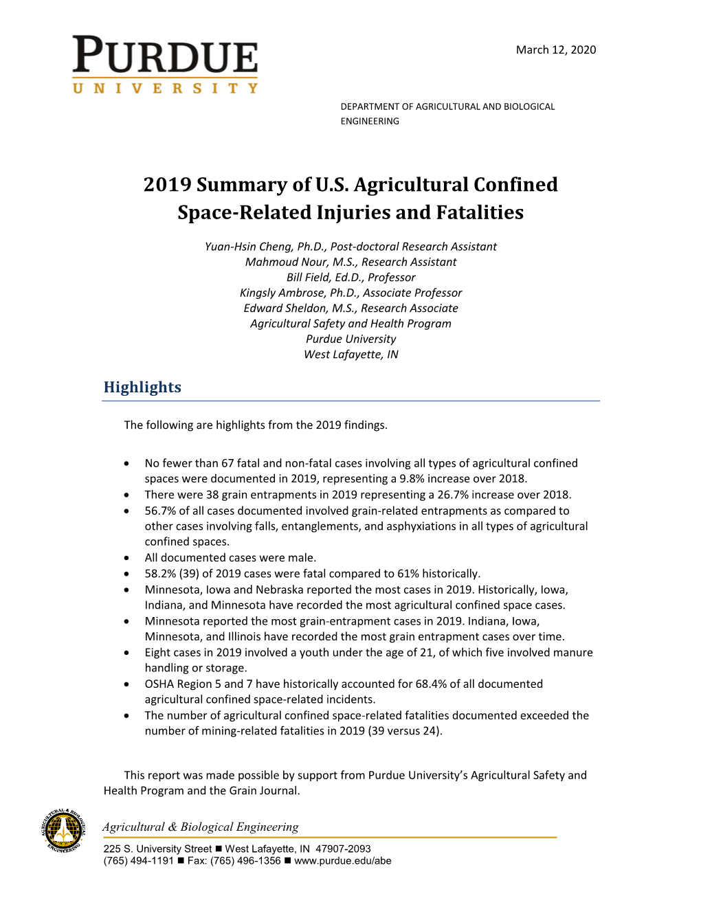 2019 Summary of US Agricultural Confined Space-Related