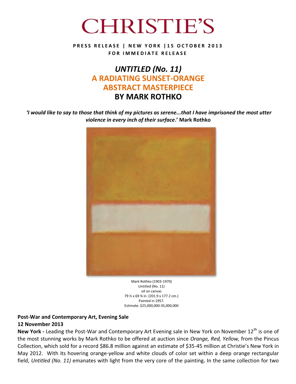 UNTITLED (No. 11) a RADIATING SUNSET-ORANGE ABSTRACT MASTERPIECE by MARK ROTHKO
