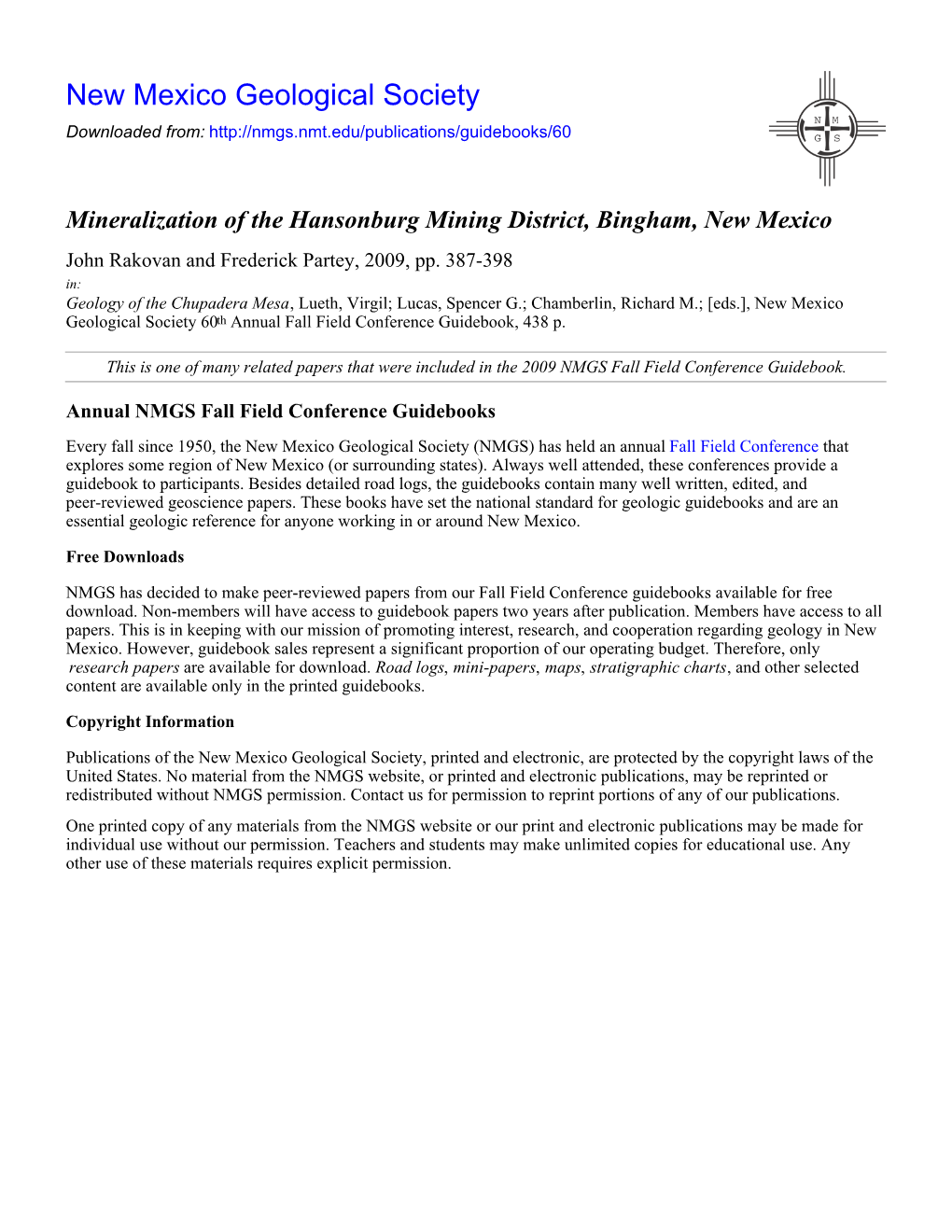 Mineralization of the Hansonburg Mining District, Bingham, New Mexico John Rakovan and Frederick Partey, 2009, Pp