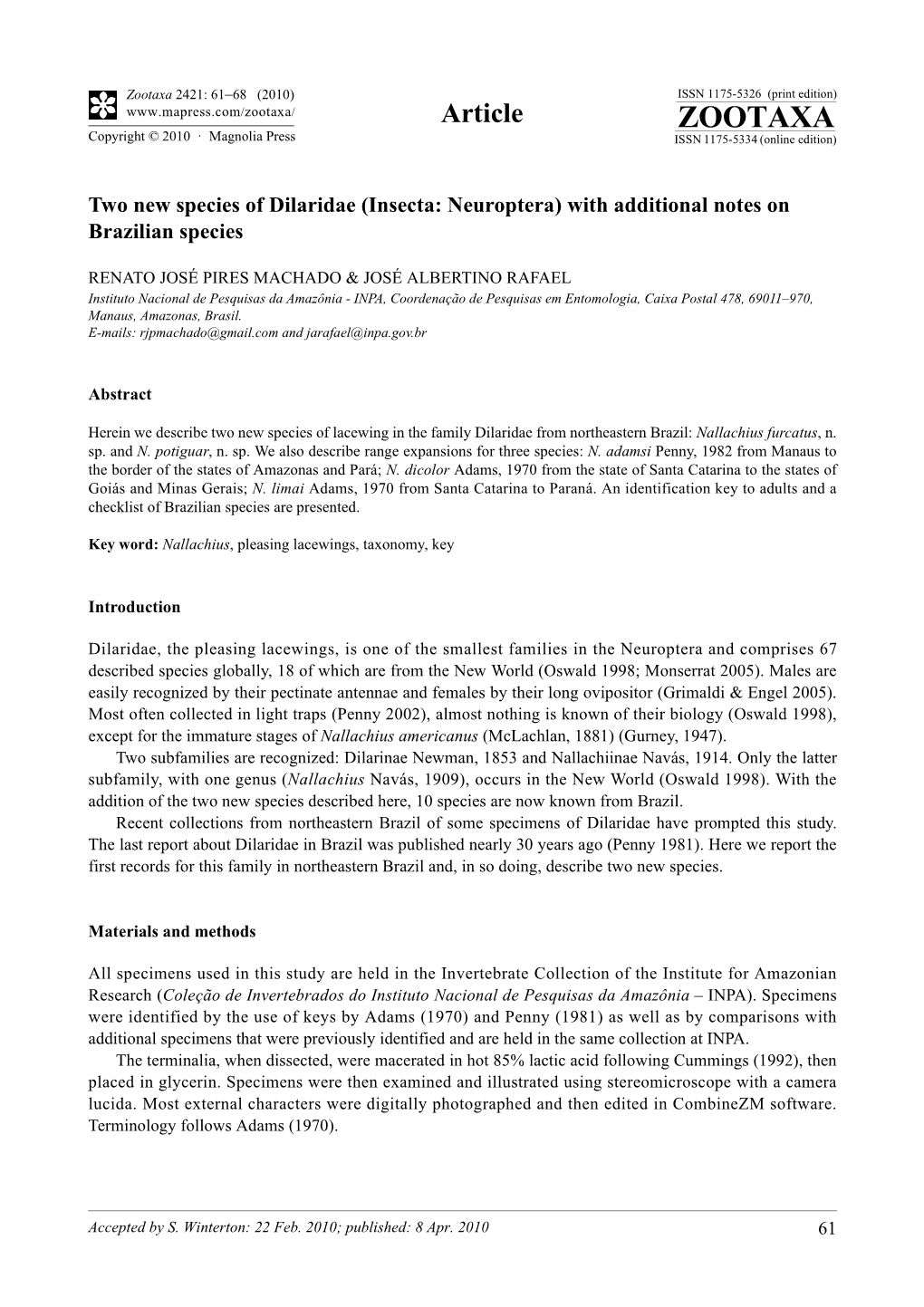 Zootaxa, Two New Species of Dilaridae (Insecta